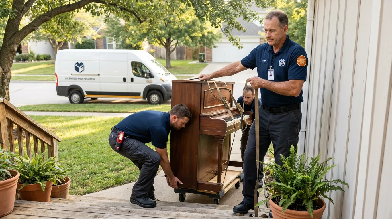 Licensed piano movers securing grand piano in North Tonawanda, NY