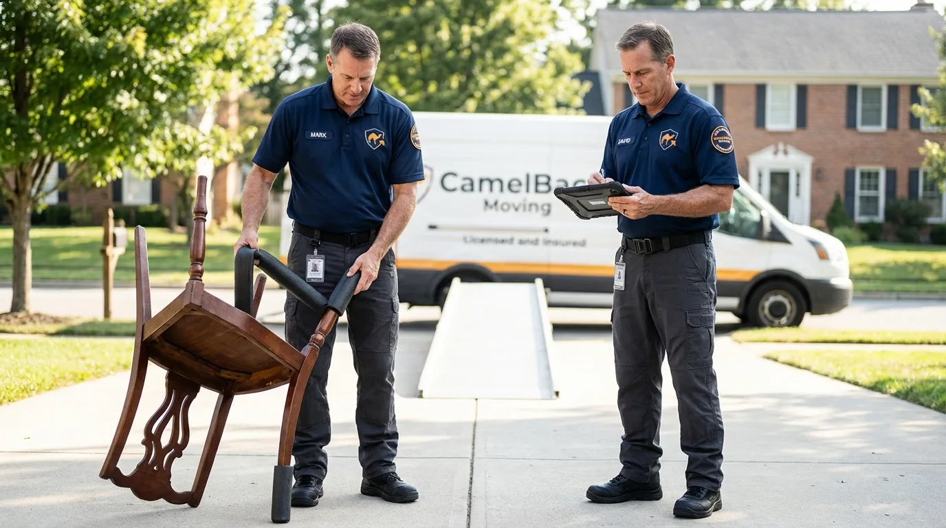 Movers inspecting furniture for damage prevention before loading in North Tonawanda, NY