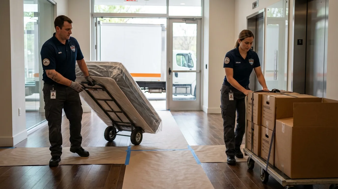 Professional apartment movers loading elevator in North Tonawanda, NY