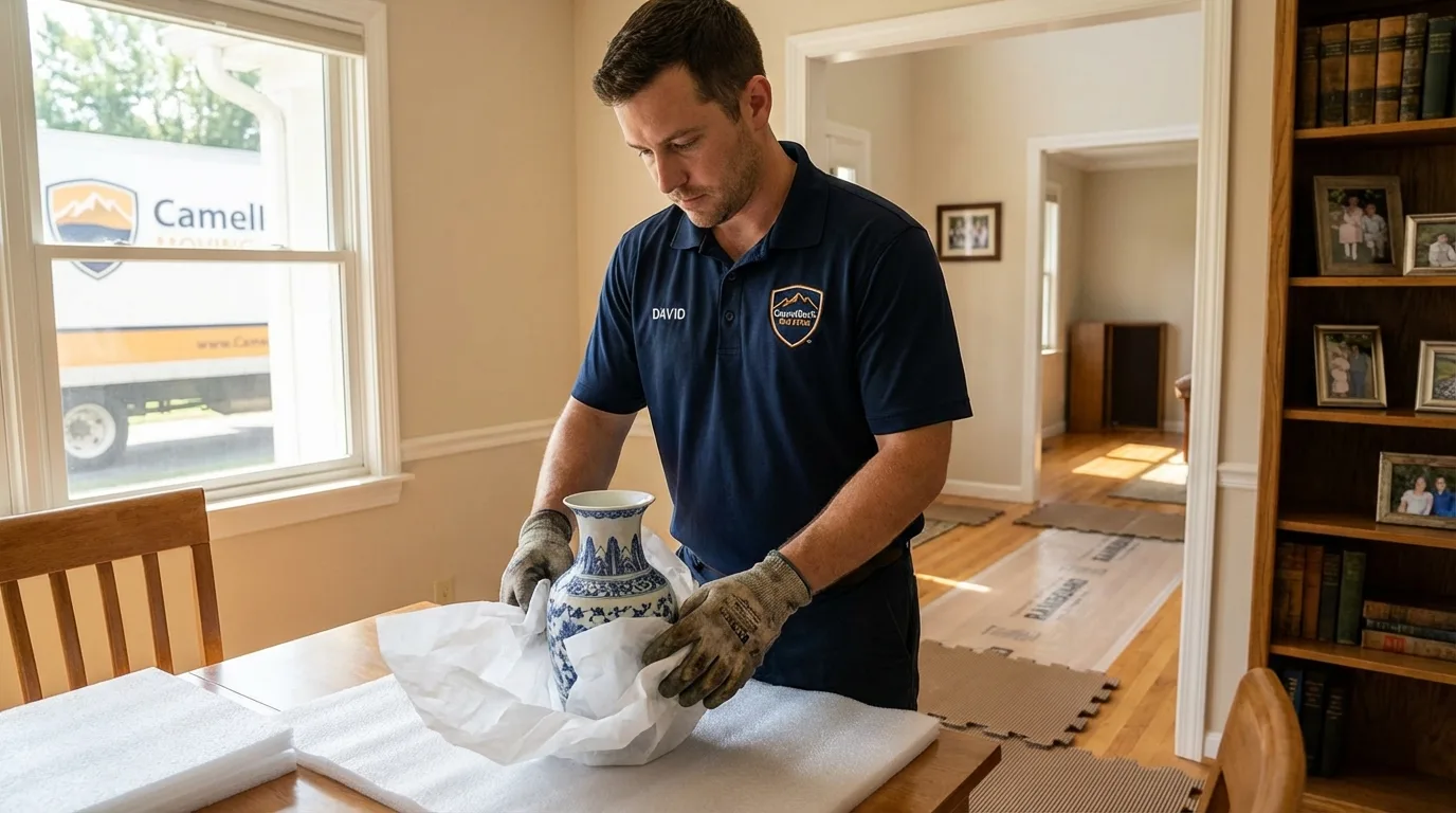 Professional crew carefully wrapping antique vase for senior downsizing move in North Tonawanda, NY