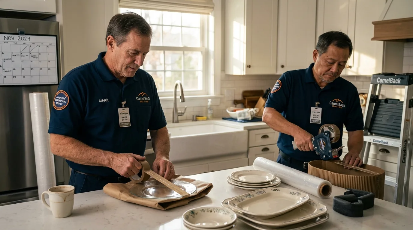 Professional crew packing kitchen dishware in North Tonawanda, NY